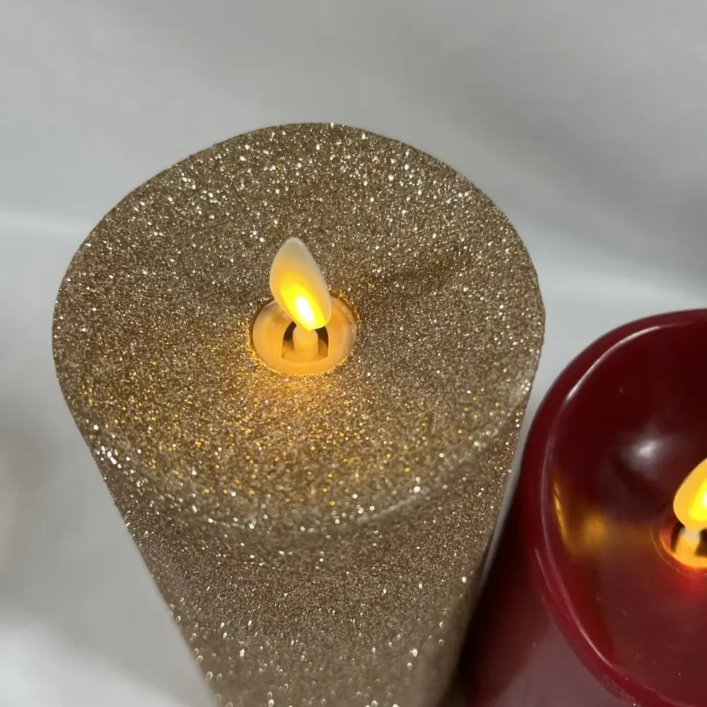 Lot of 3 Luminara Candles Christmas Gold Green Glitter Red Remote 4-10hr Timer